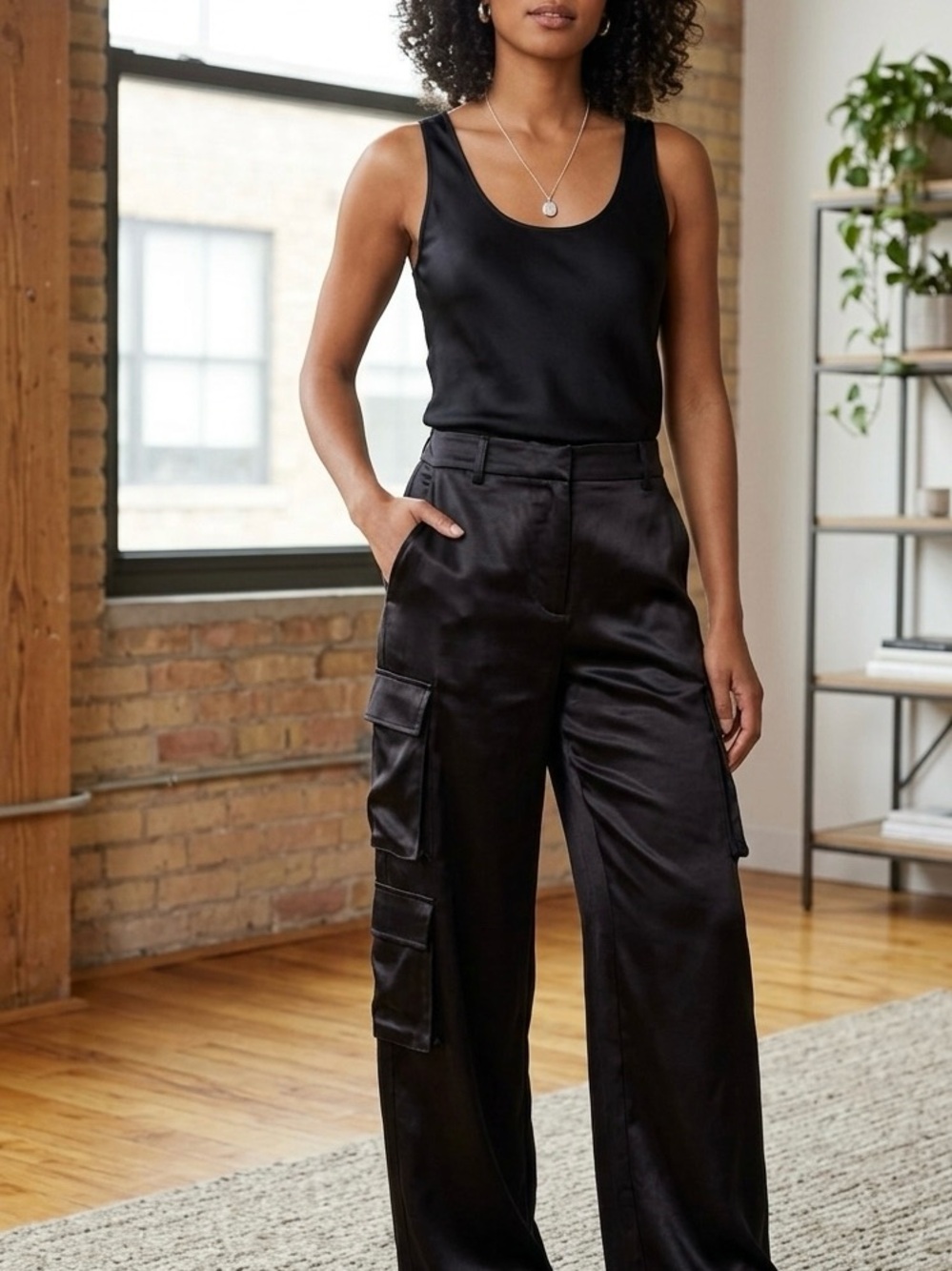 Satin Wide-Leg Cargo Pants in Black